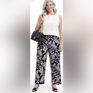 Talbots Wide Leg Botanical Pants Women’s 14 Navy Ivory Lined Cotton Resort